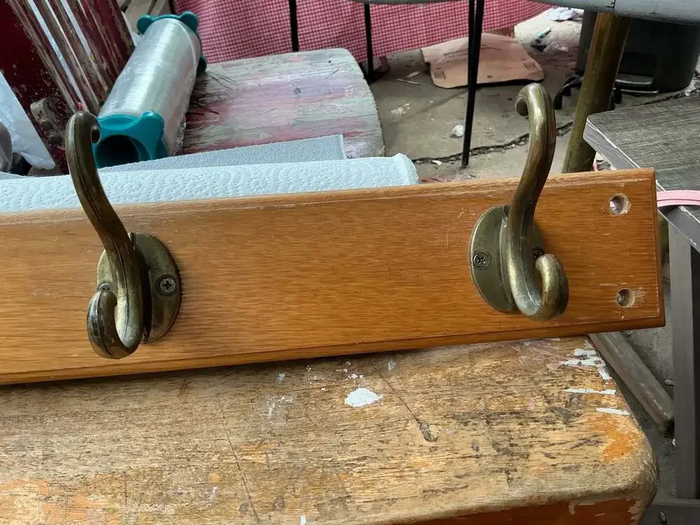Vintage Wall-Mounted Wooden Coat Rack with Three Antique Brass Double Hooks